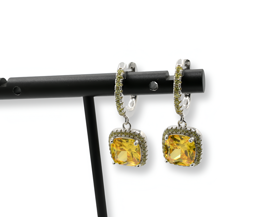 Square  Yellow Diamond Earrings ( Plata )