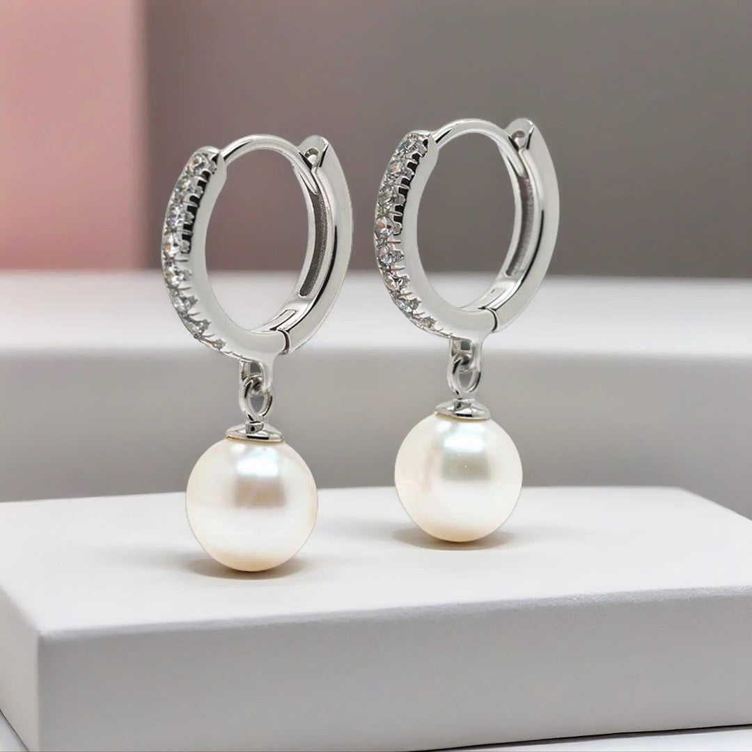 Hanging Pearl Hoops Sterling Silver 925