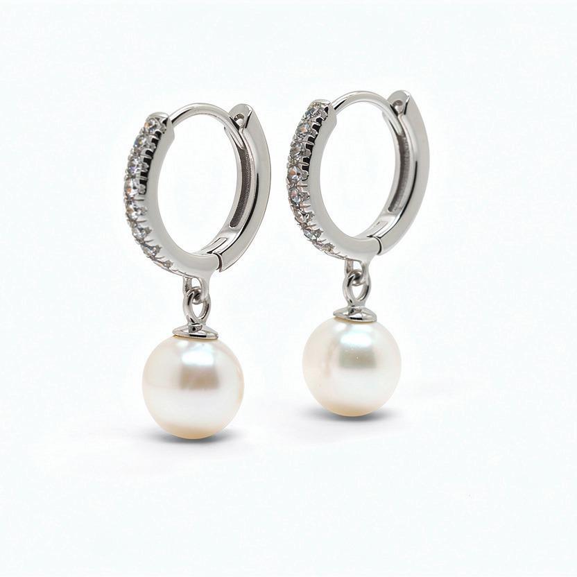 Hanging Pearl Hoops Sterling Silver 925